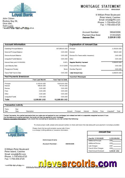 Saint Lucia Loyal bank mortgage statement